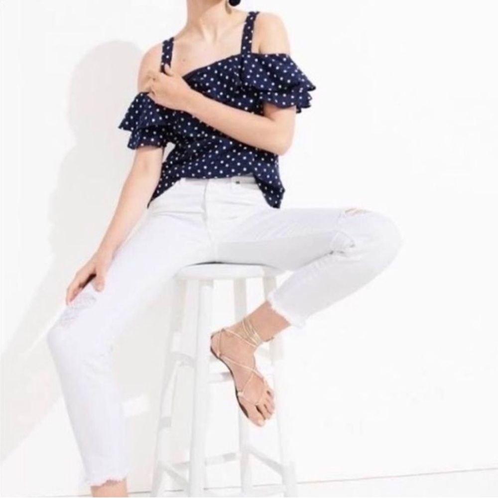 NWT J.CREW COLD SHOULDER TOP NAVY AND WHITE POLKA DOT RUFFLE TOP